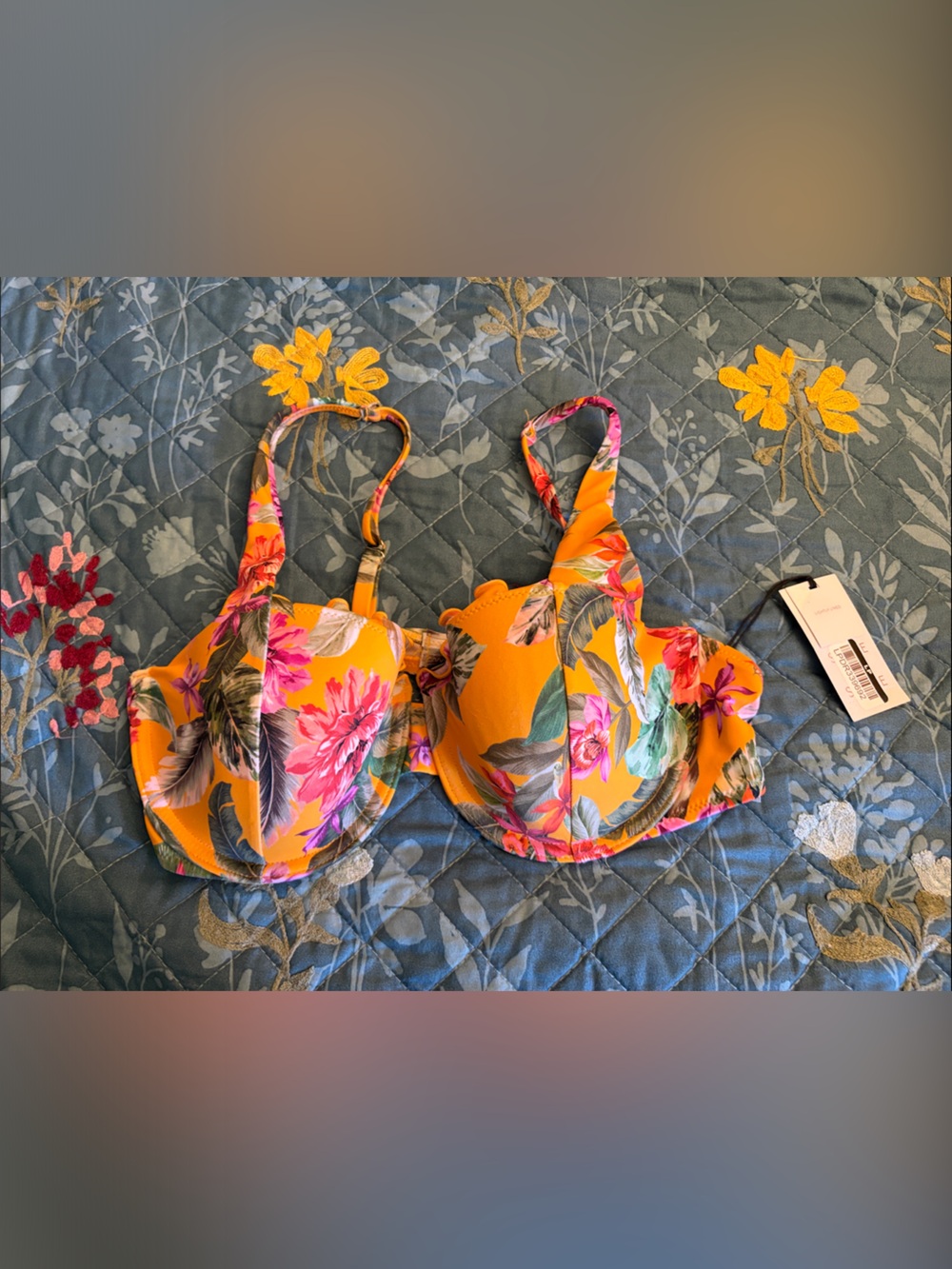 Shade & Shore Orange Floral Bikini Top with Pink and Green Accents